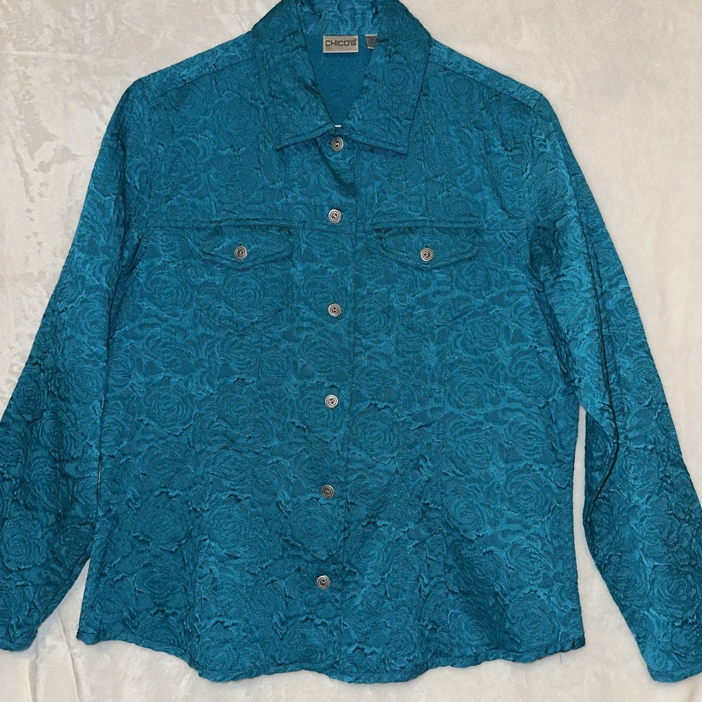 Chico's Shirt Jacket Shacket Sz 2 (12-14)Long Sleeve Textured Pockets Green